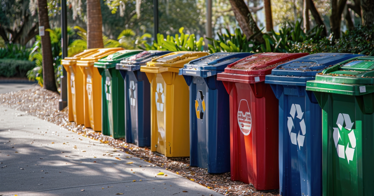 A row of the different types of waste bins in different colours. What goes in what bin?