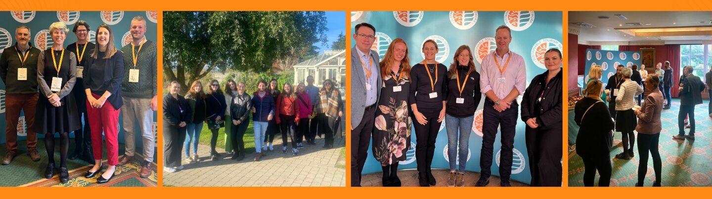 Pictures of people chatting, networking while drinking tea and coffee, speaking as part of a panel discussion and another image of six people smiling at the Sustainable Business Networking Event