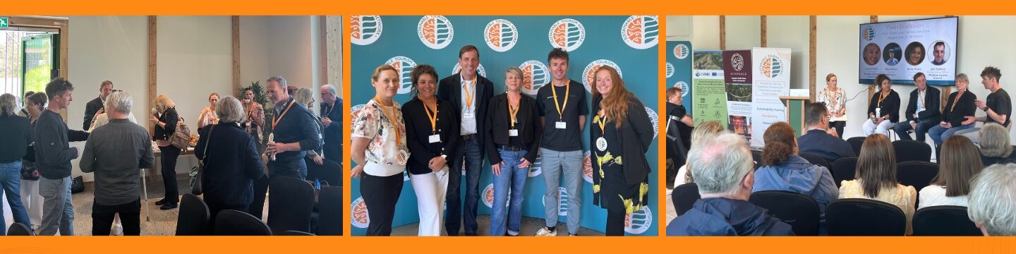 Pictures of people chatting, networking while drinking tea and coffee, speaking as part of a panel discussion and another image of six people smiling at the Wicklow Sustainable Business Networking Event