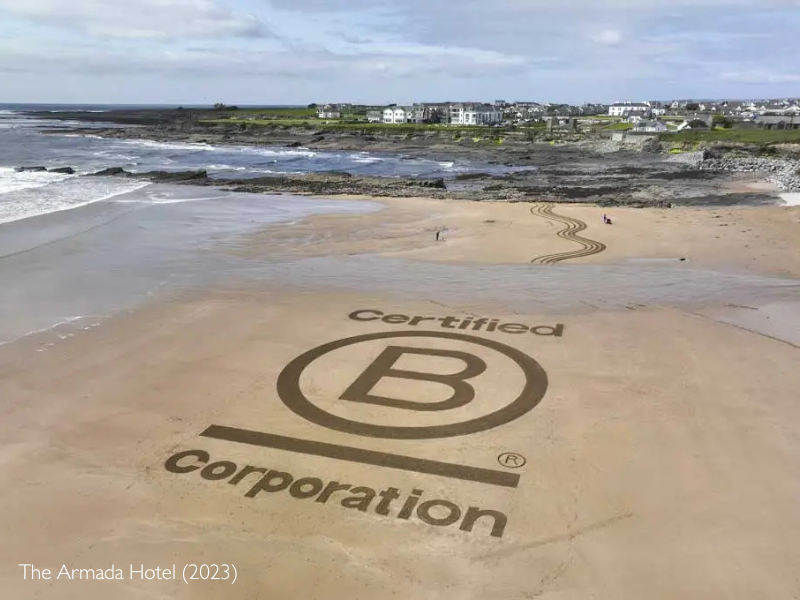 The Armada Hotel, Co. Clare. BCorp Logo on local beach