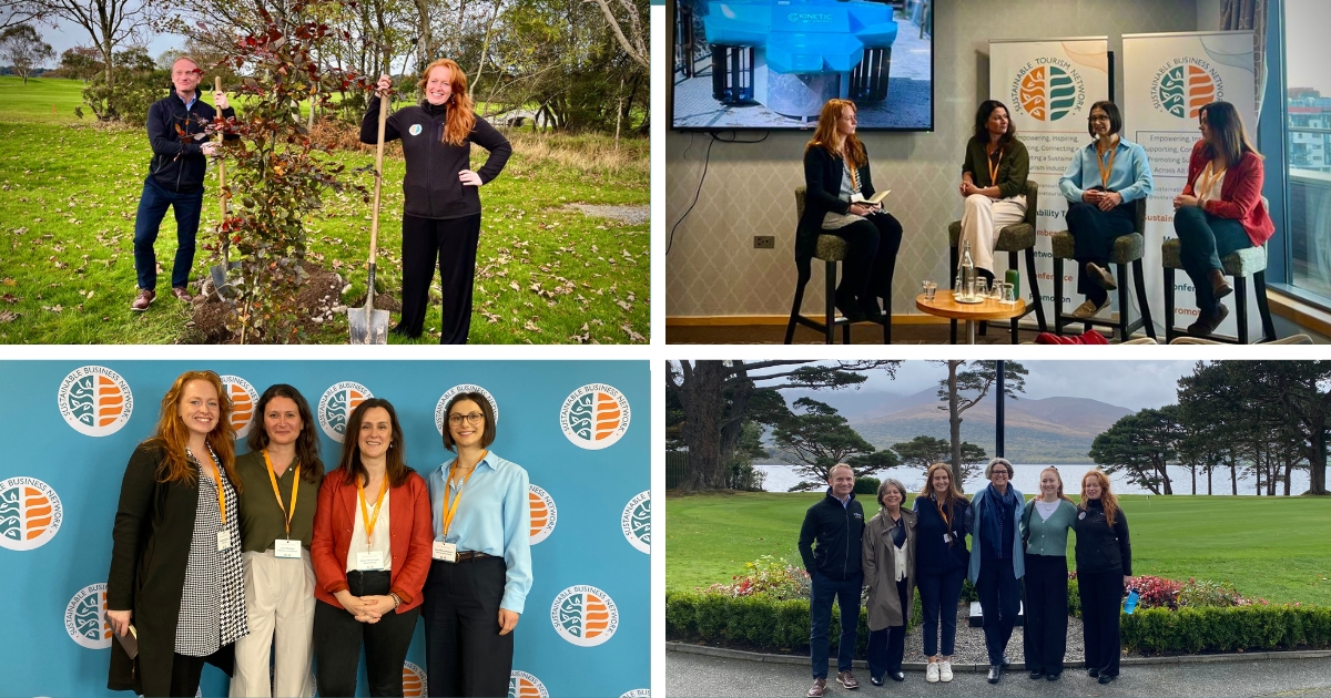 Picture of people tree planting outside. Picture of four women talking during a panel discussion. Picture of four women posing infront of a bluie stand. Picture of people on a tour at a golf club standing under a clock and with trees, lakes and mountains in the background.