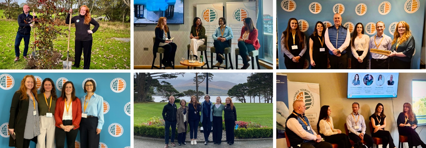 Picture of people tree planting outside. Picture of four women talking during a panel discussion. Picture of four women posing infront of a bluie stand. Picture of people on a tour at a golf club standing under a clock and with trees, lakes and mountains in the background.