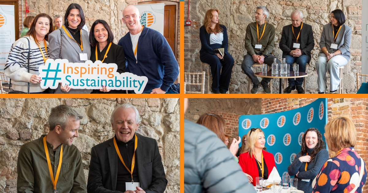 Four images of groups of people chatting, laughing, discussing and collaborating at a networking event