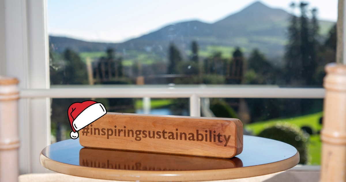 Inspiring Sustainability wooden block with a santa hat on it. Mountain and trees in the background.