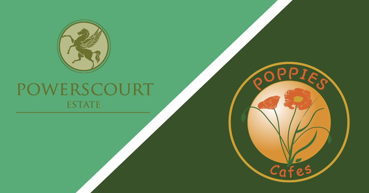 Powerscourt Estate logo with a Pegasus and Poppies Cafe logo with a poppy flower. Both on light and dark green backgrounds