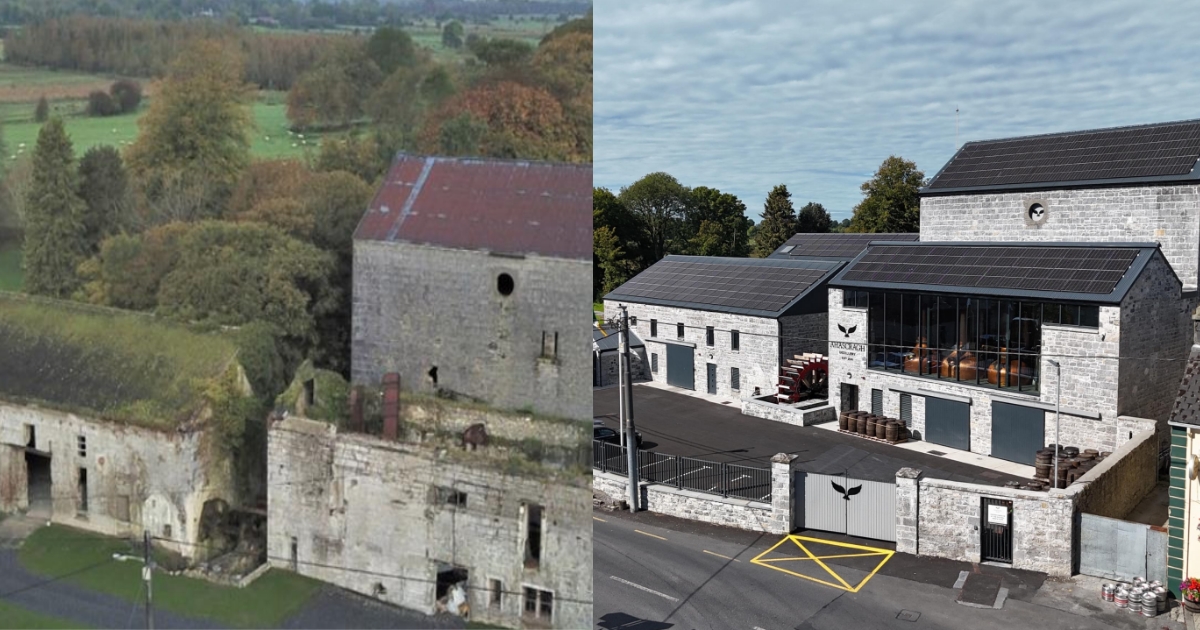 Image of old run down mill and image of renovated state of the art modern distillery with solar panels