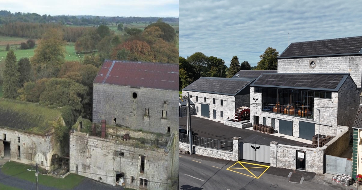 Image of old run down mill and image of renovated state of the art modern distillery with solar panels