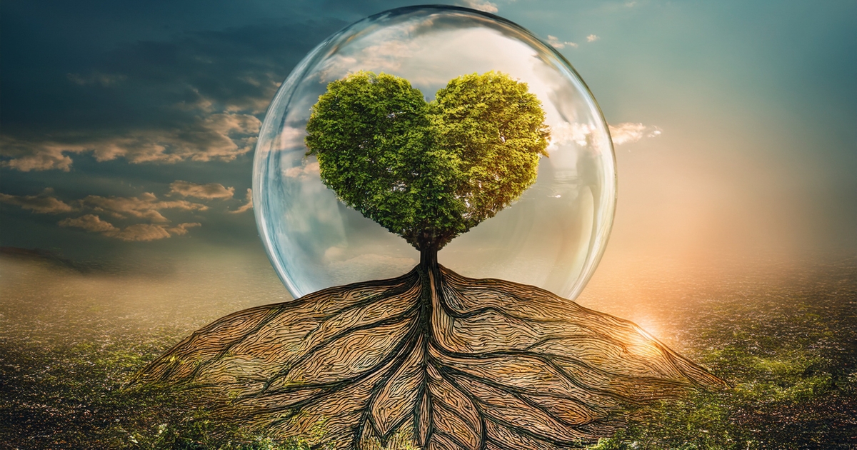 Image of heart shaped tree in a bubble with its roots showing